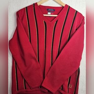 Vintage Tommy Hilfiger Men’s XL Red Striped V-Neck Cotton Sweater Crest